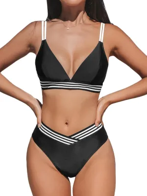 CUPSHE Women's Bikini Sets V Neck Two Piece Bathing Suit High Waisted Color Block Adjustable Double Straps Back Hook