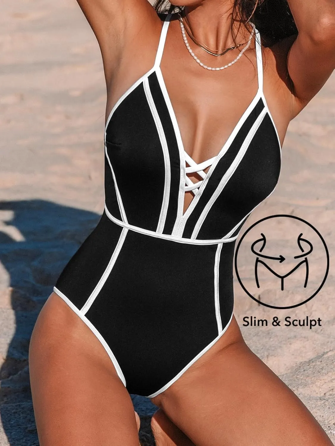 CUPSHE Women's One Piece Swimsuit Plunging V Neck Bathing Suit Crisscross Back Tie Slimming Sculpting Color Block