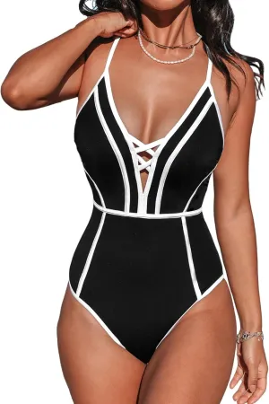CUPSHE Women's One Piece Swimsuit Plunging V Neck Bathing Suit Crisscross Back Tie Slimming Sculpting Color Block
