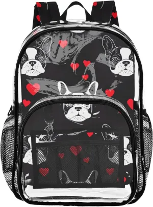 Cute French Bulldog Hearts Black Clear Backpack for Women Kids Backpack for Girls Pvc Transparent Bags School