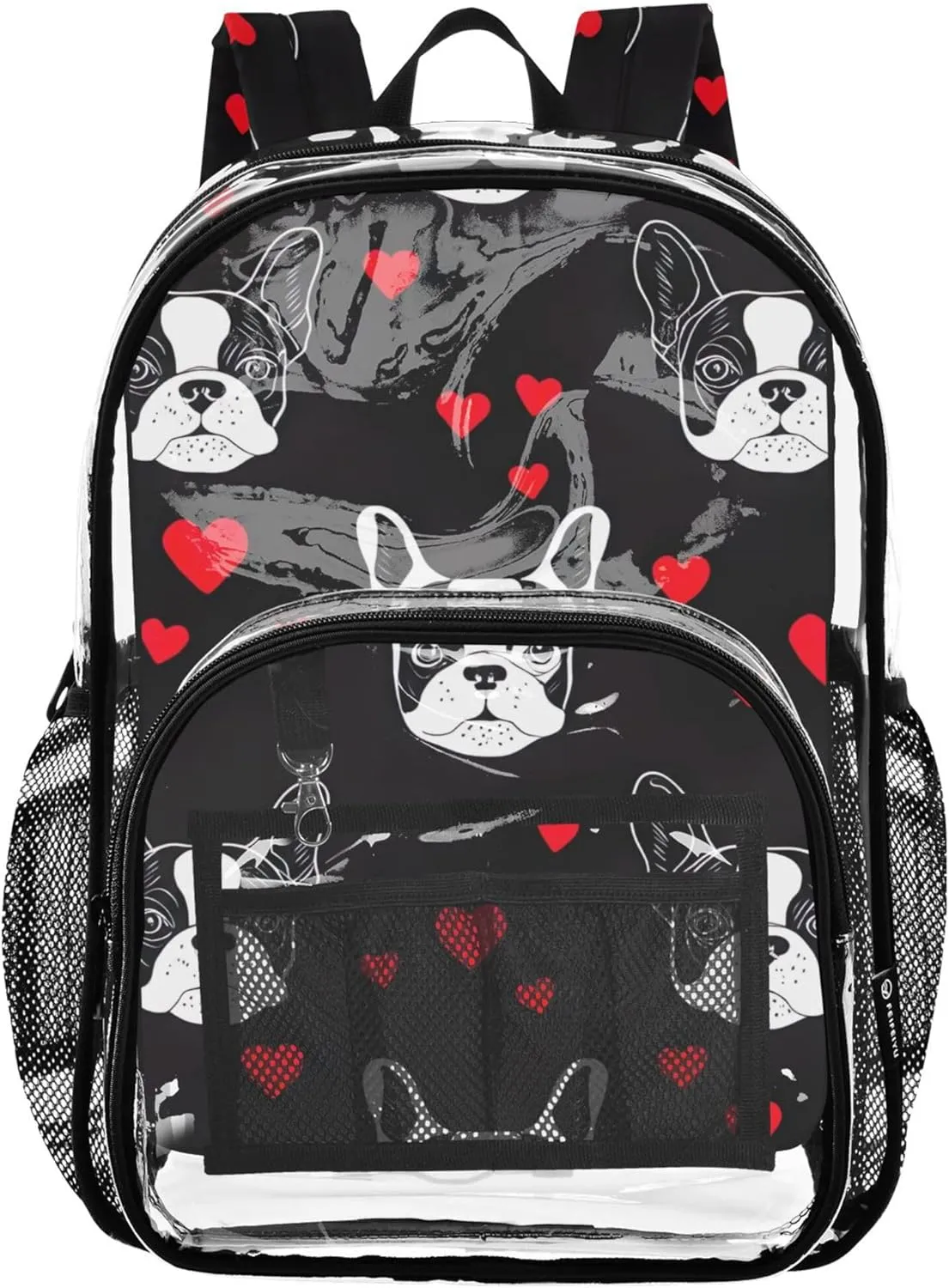 Cute French Bulldog Hearts Black Clear Backpack for Women Kids Backpack for Girls Pvc Transparent Bags School