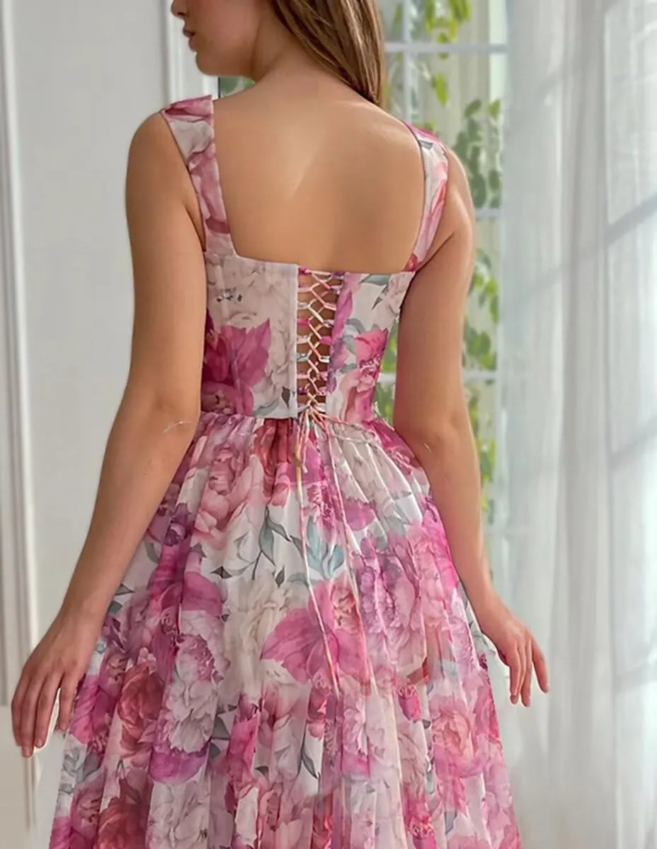 Cute Tulle Floral Print Prom Dress Long Senior Evening Gown for Girls WD109