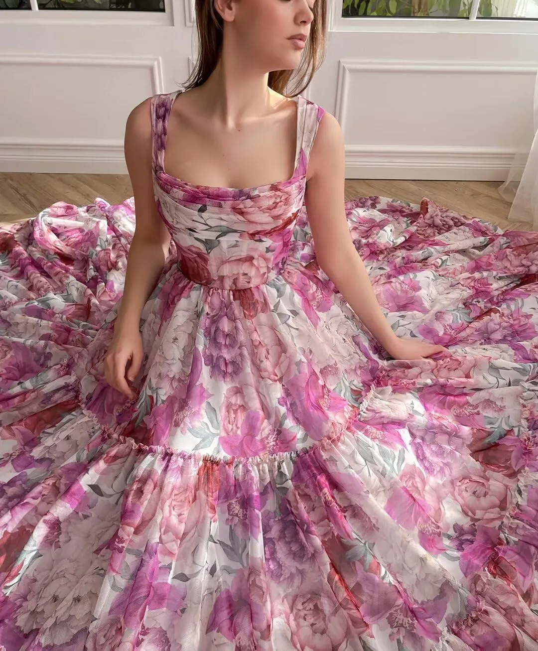 Cute Tulle Floral Print Prom Dress Long Senior Evening Gown for Girls WD109
