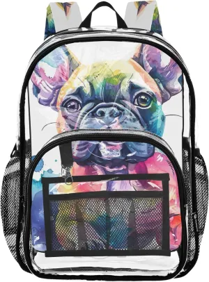 Cute Watercolor Bulldog Travel Clear Backpack Floral Kids Backpack for Girls Plastic See through Bookbag