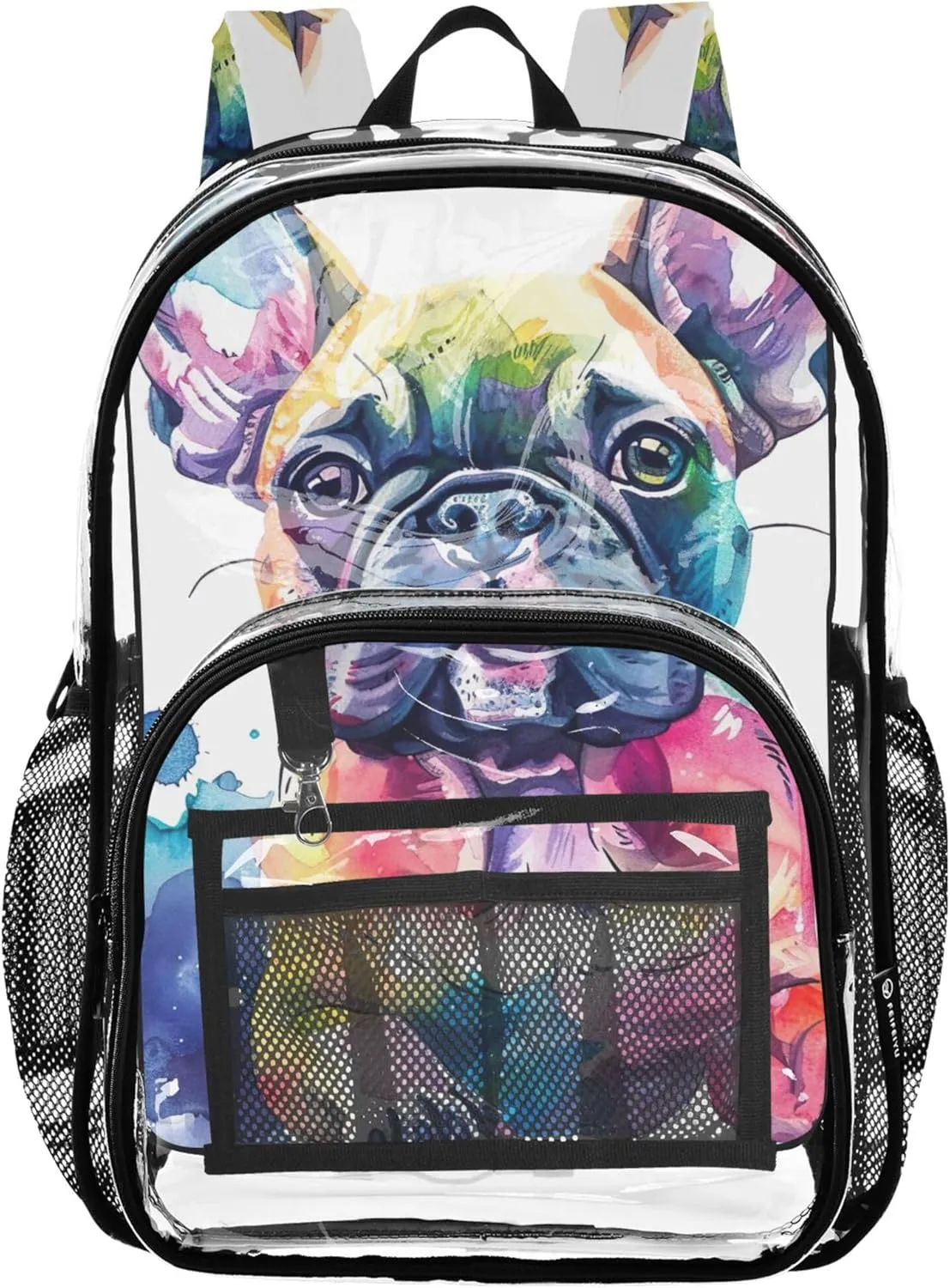 Cute Watercolor Bulldog Travel Clear Backpack Floral Kids Backpack for Girls Plastic See through Bookbag