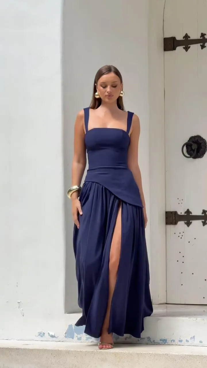 Dessiny Women's Satin Bridesmaid Dresses with Slit 2025 Spaghetti Straps Drop Waist Evening Party Gowns DE409