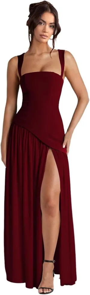 Dessiny Women's Satin Bridesmaid Dresses with Slit 2025 Spaghetti Straps Drop Waist Evening Party Gowns DE409