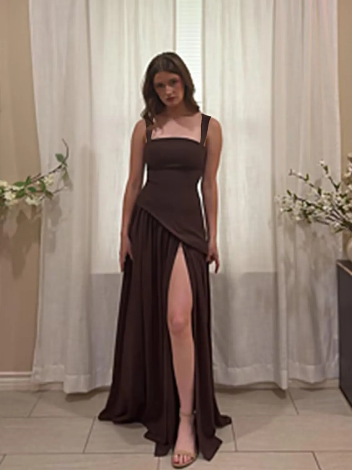 Dessiny Women's Satin Bridesmaid Dresses with Slit 2025 Spaghetti Straps Drop Waist Evening Party Gowns DE409
