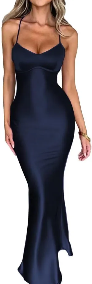 DNEKSEIK Mermaid Satin Halter Prom Dresses Backless Formal Evening Dress Open Back Bridesmaid Dresses for Women