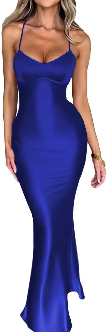 DNEKSEIK Mermaid Satin Halter Prom Dresses Backless Formal Evening Dress Open Back Bridesmaid Dresses for Women