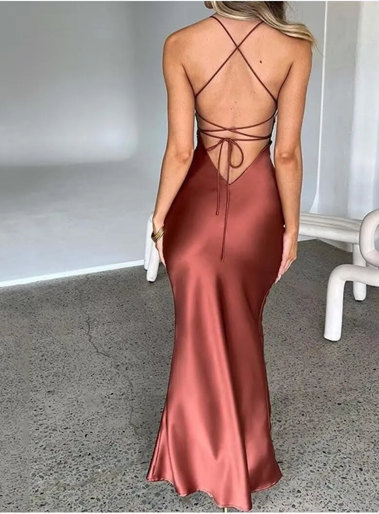 DNEKSEIK Mermaid Satin Halter Prom Dresses Backless Formal Evening Dress Open Back Bridesmaid Dresses for Women