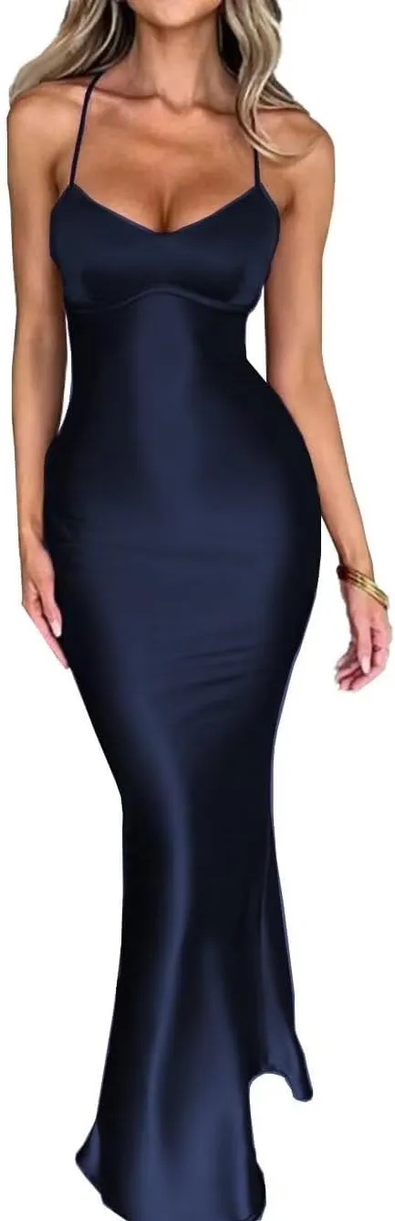 DNEKSEIK Mermaid Satin Halter Prom Dresses Backless Formal Evening Dress Open Back Bridesmaid Dresses for Women