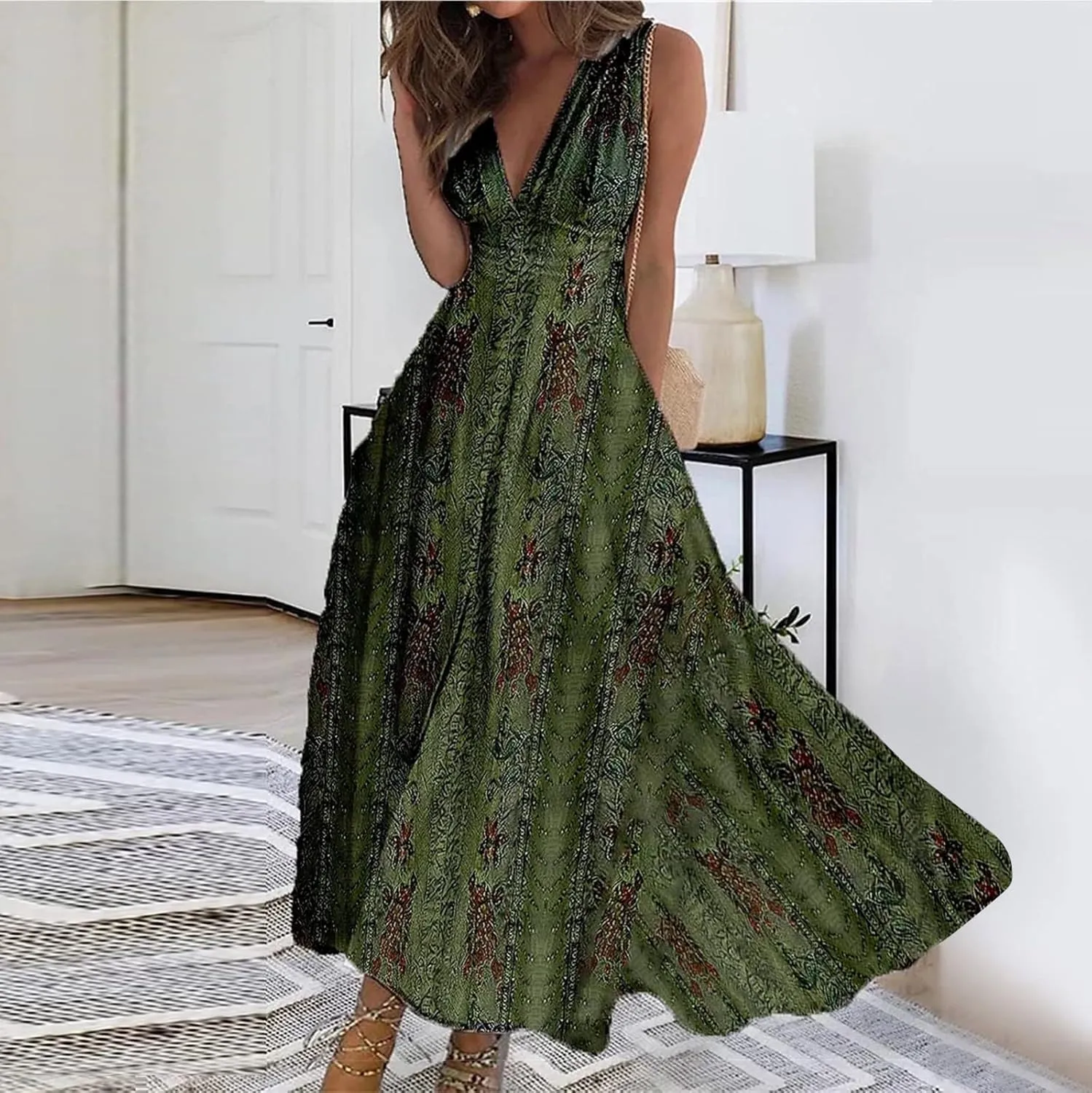 Dresses for Women 2024 Flowy Ruched Floral Print Boho Dress Sleeveless Wrap V Neck Sundresses Trendy Maxi Dress