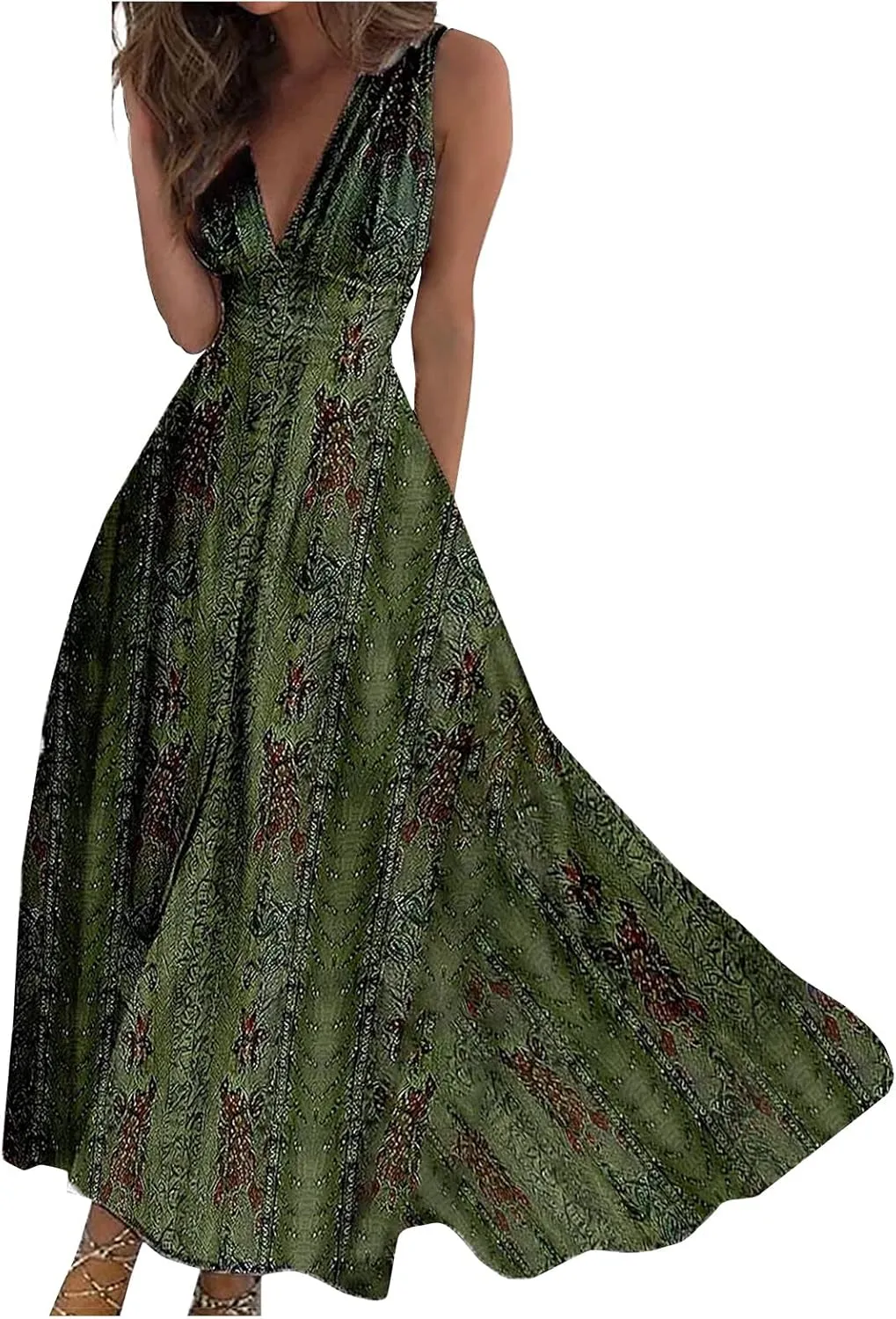 Dresses for Women 2024 Flowy Ruched Floral Print Boho Dress Sleeveless Wrap V Neck Sundresses Trendy Maxi Dress