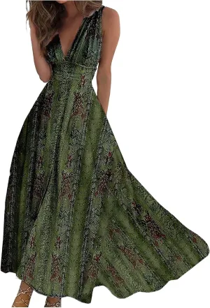 Dresses for Women 2024 Flowy Ruched Floral Print Boho Dress Sleeveless Wrap V Neck Sundresses Trendy Maxi Dress