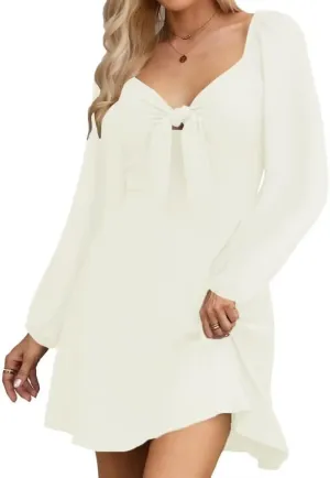 Dresses for Women Casual Wedding Guest Fall Sexy V-Neck Drawstring Long Sleeve Elegant Short Dresses Mini Dress