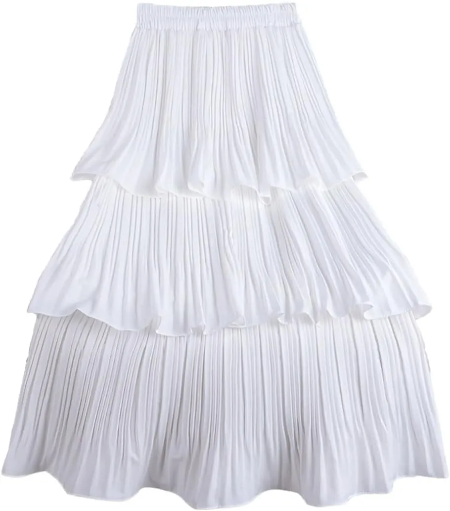 ebossy Women Ruffles Fairy Cake Skirt Elastic Waist Pleated Layered Flared Long Midi Skirt