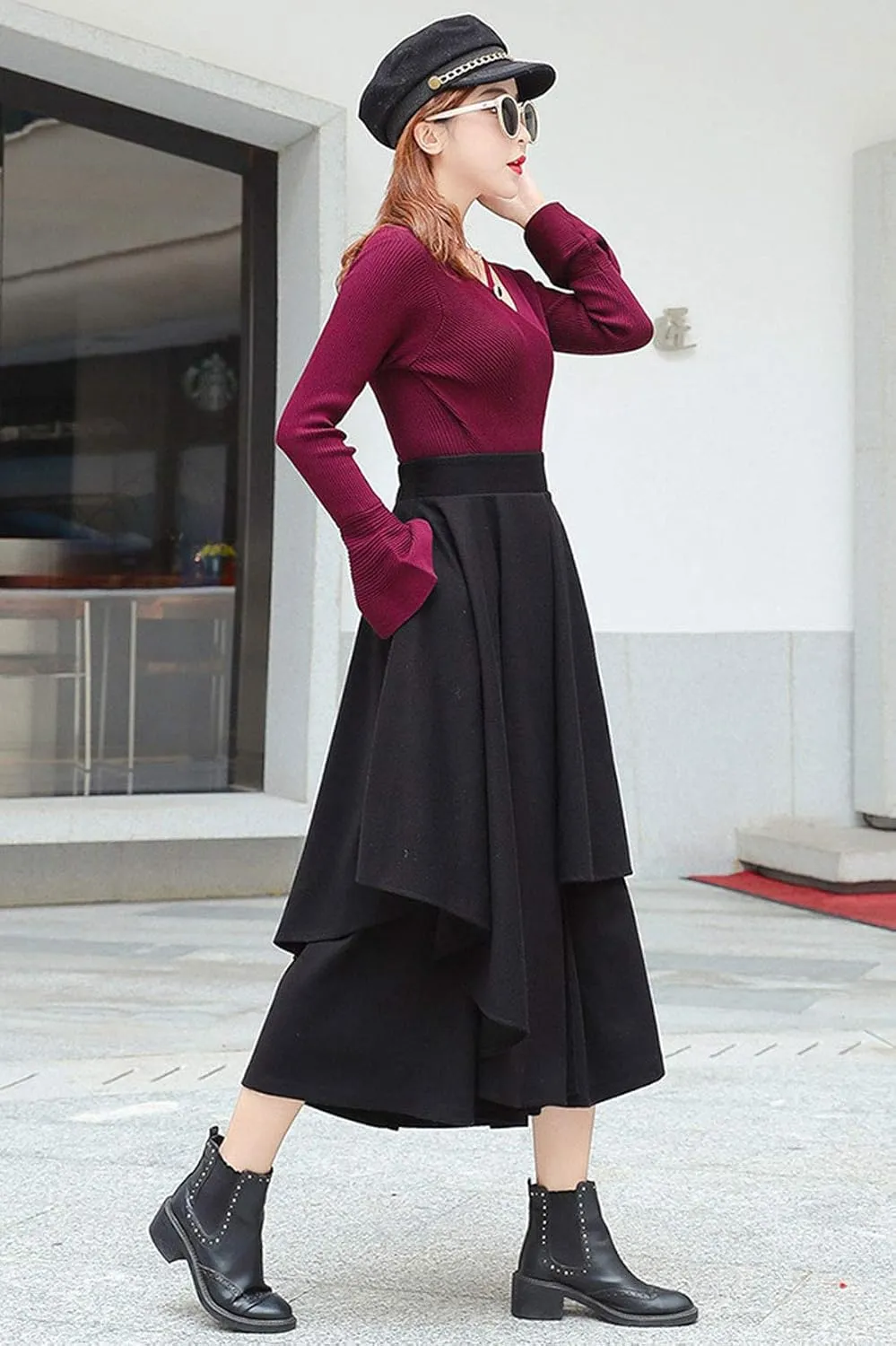 ebossy Women's Hippie Gypsy Asymmetrical Pleated Midi Long Skirt Wide Leg Culottes