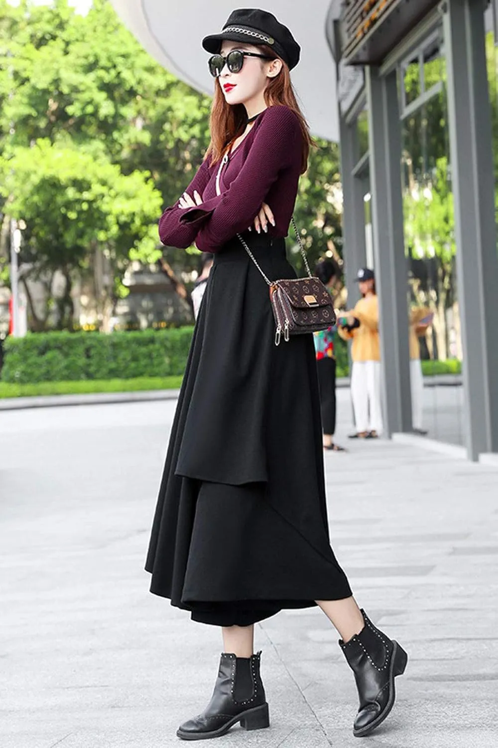 ebossy Women's Hippie Gypsy Asymmetrical Pleated Midi Long Skirt Wide Leg Culottes