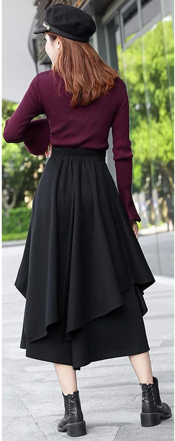 ebossy Women's Hippie Gypsy Asymmetrical Pleated Midi Long Skirt Wide Leg Culottes