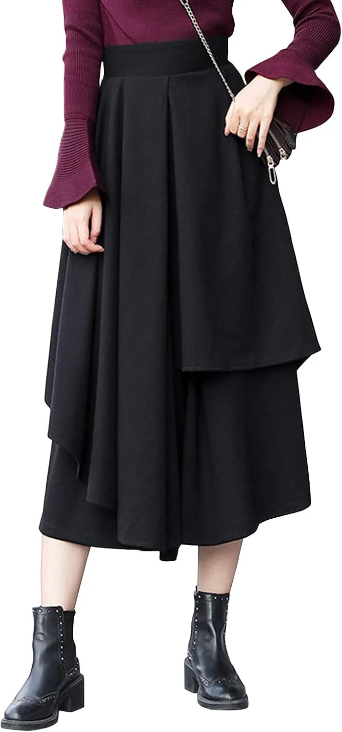 ebossy Women's Hippie Gypsy Asymmetrical Pleated Midi Long Skirt Wide Leg Culottes