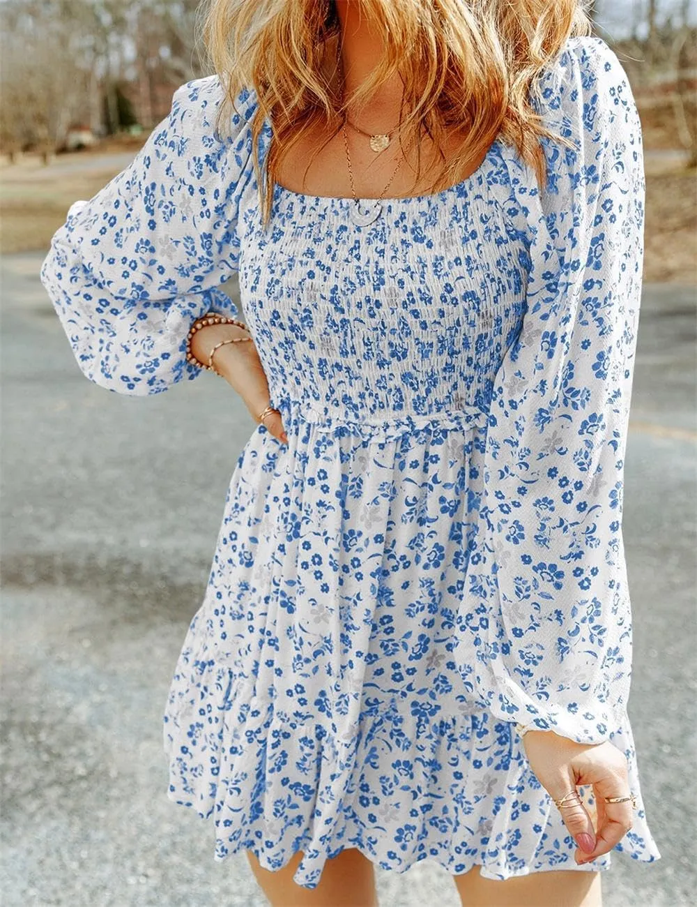 Ecosunny Women's Floral Smocked Square Neck Puff Sleeve Dress Causal Long Sleeve Ruffle Mini Dress