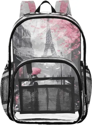 Eiffel Tower Oil Painting Valentines Travel Clear Bags for Women Girls Backpack for Kids Plastic Transparent Bookbag