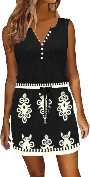 ETCYY Womens Summer Casual Dresses Sleeveless Beach Vacation Sundresses Drawstring Waist Short Striped Dress with Pockets