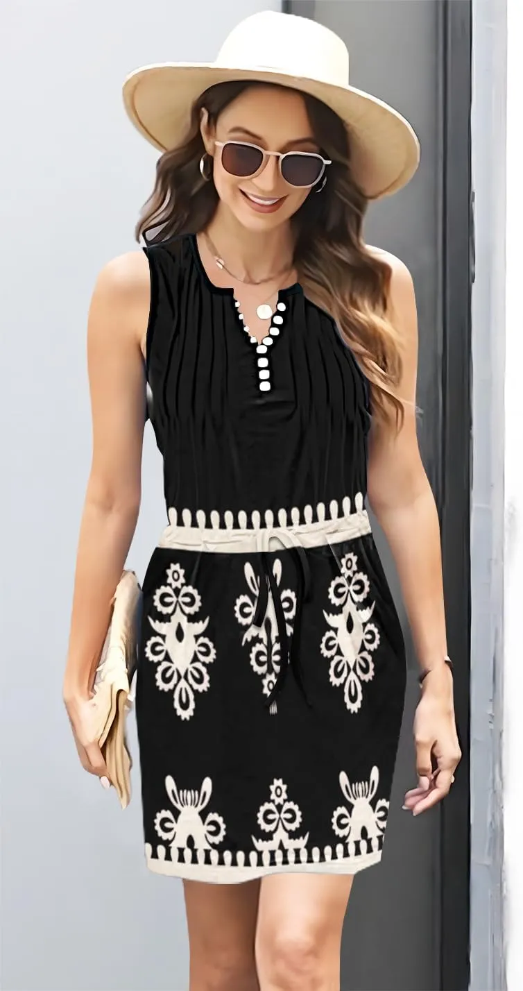 ETCYY Womens Summer Casual Dresses Sleeveless Beach Vacation Sundresses Drawstring Waist Short Striped Dress with Pockets