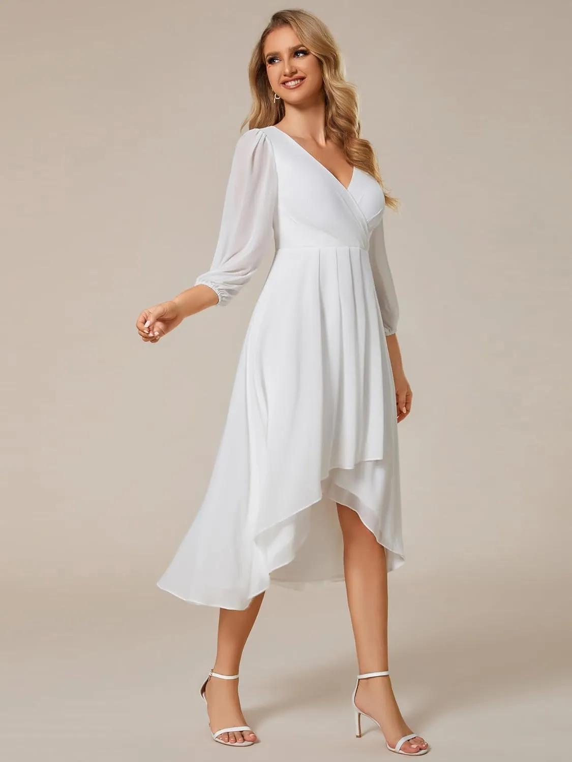 Ever-Pretty Women's Chiffon V Neck Long Sleeves Pleated A-Line Midi Length Wedding Guest Dress 01926