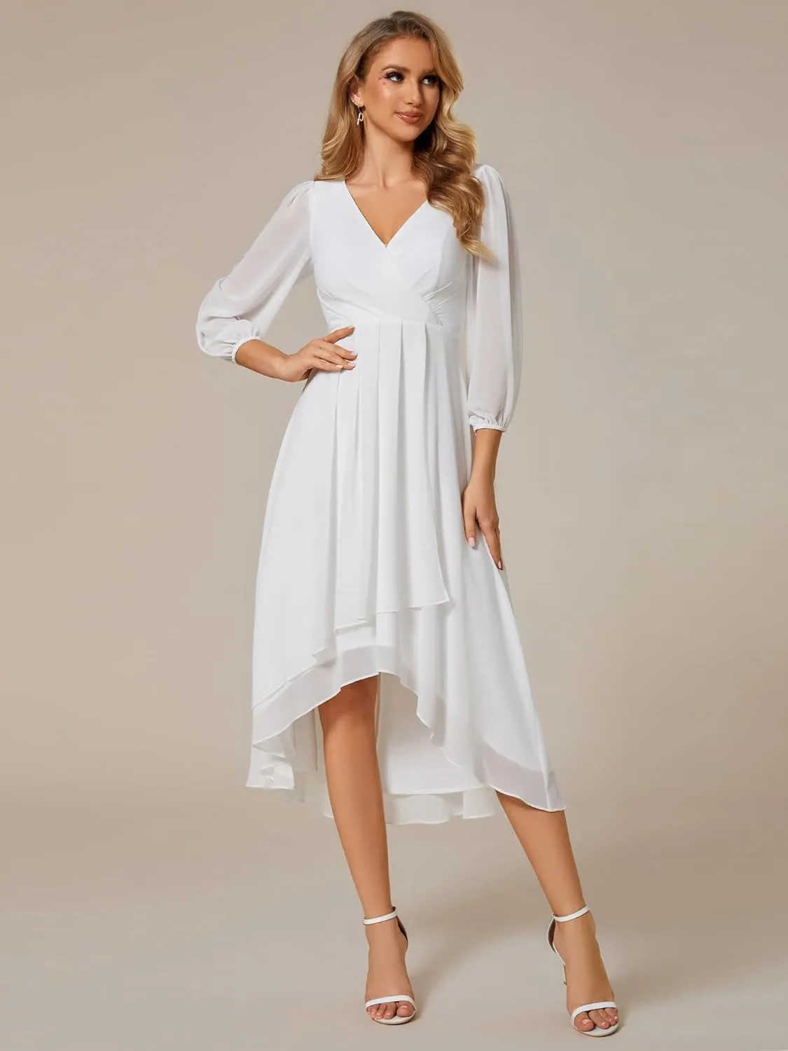 Ever-Pretty Women's Chiffon V Neck Long Sleeves Pleated A-Line Midi Length Wedding Guest Dress 01926