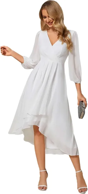 Ever-Pretty Women's Chiffon V Neck Long Sleeves Pleated A-Line Midi Length Wedding Guest Dress 01926