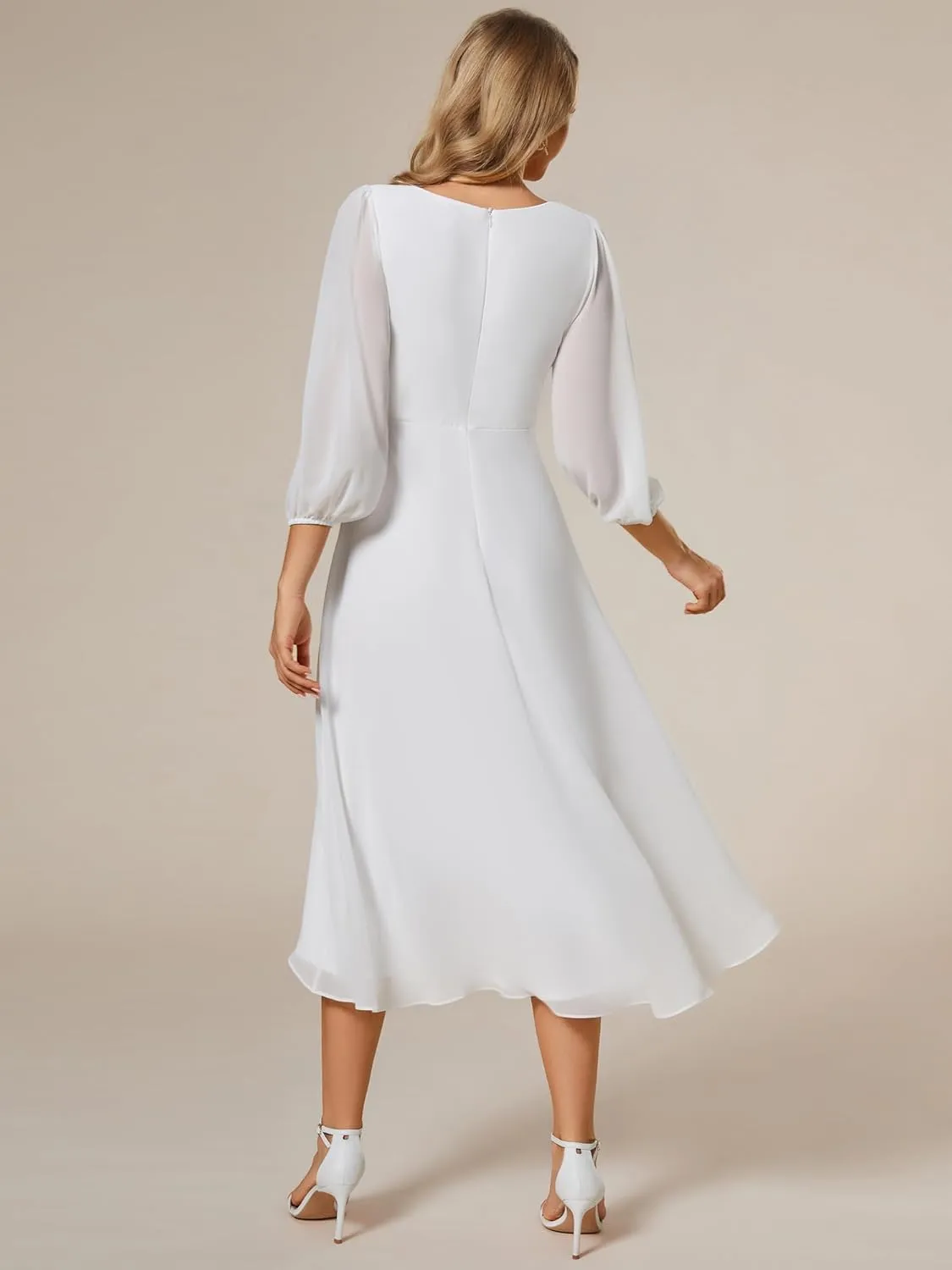 Ever-Pretty Women's Chiffon V Neck Long Sleeves Pleated A-Line Midi Length Wedding Guest Dress 01926