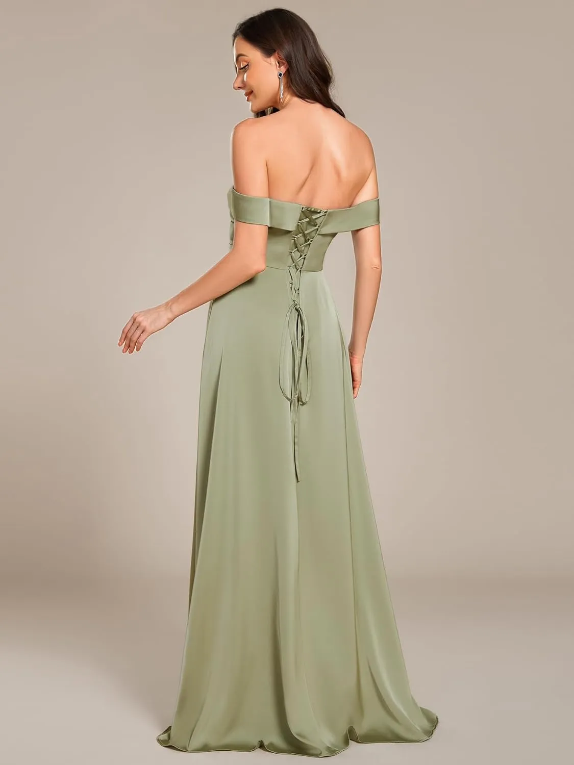Ever-Pretty Women's Off-Shoulder Floor Length Split A Line Bandage Satin Prom Dress with Pockets 02319