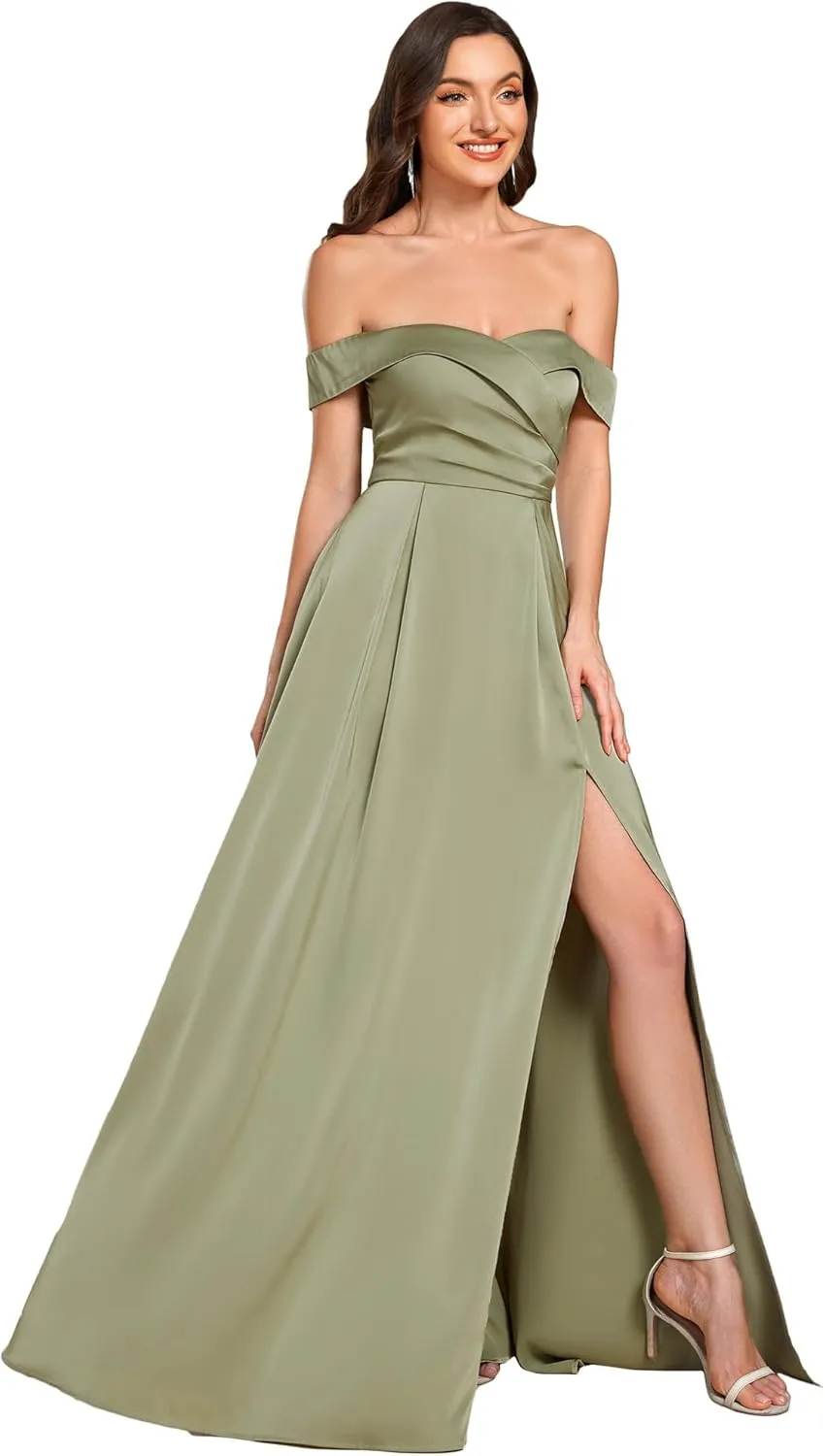 Ever-Pretty Women's Off-Shoulder Floor Length Split A Line Bandage Satin Prom Dress with Pockets 02319