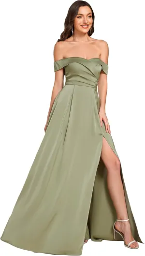 Ever-Pretty Women's Off-Shoulder Floor Length Split A Line Bandage Satin Prom Dress with Pockets 02319