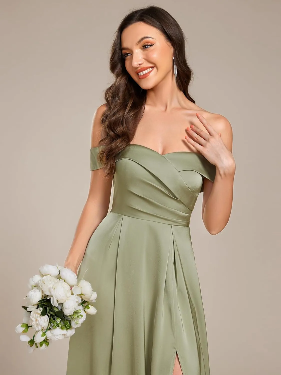 Ever-Pretty Women's Off-Shoulder Floor Length Split A Line Bandage Satin Prom Dress with Pockets 02319