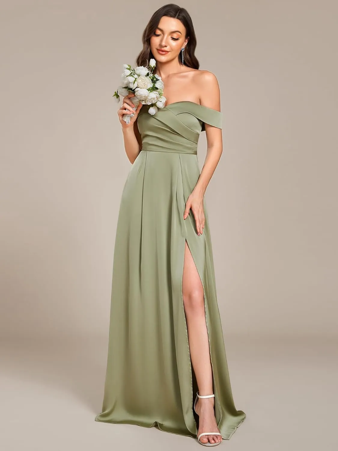 Ever-Pretty Women's Off-Shoulder Floor Length Split A Line Bandage Satin Prom Dress with Pockets 02319