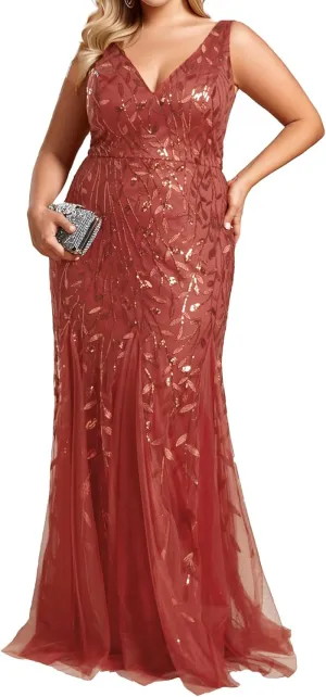 Ever-Pretty Women's Sequin V Neck Sleeveless Bodycon Mermaid Plus Size Formal Evening Gowns Prom Dresses 07886-PZUSA