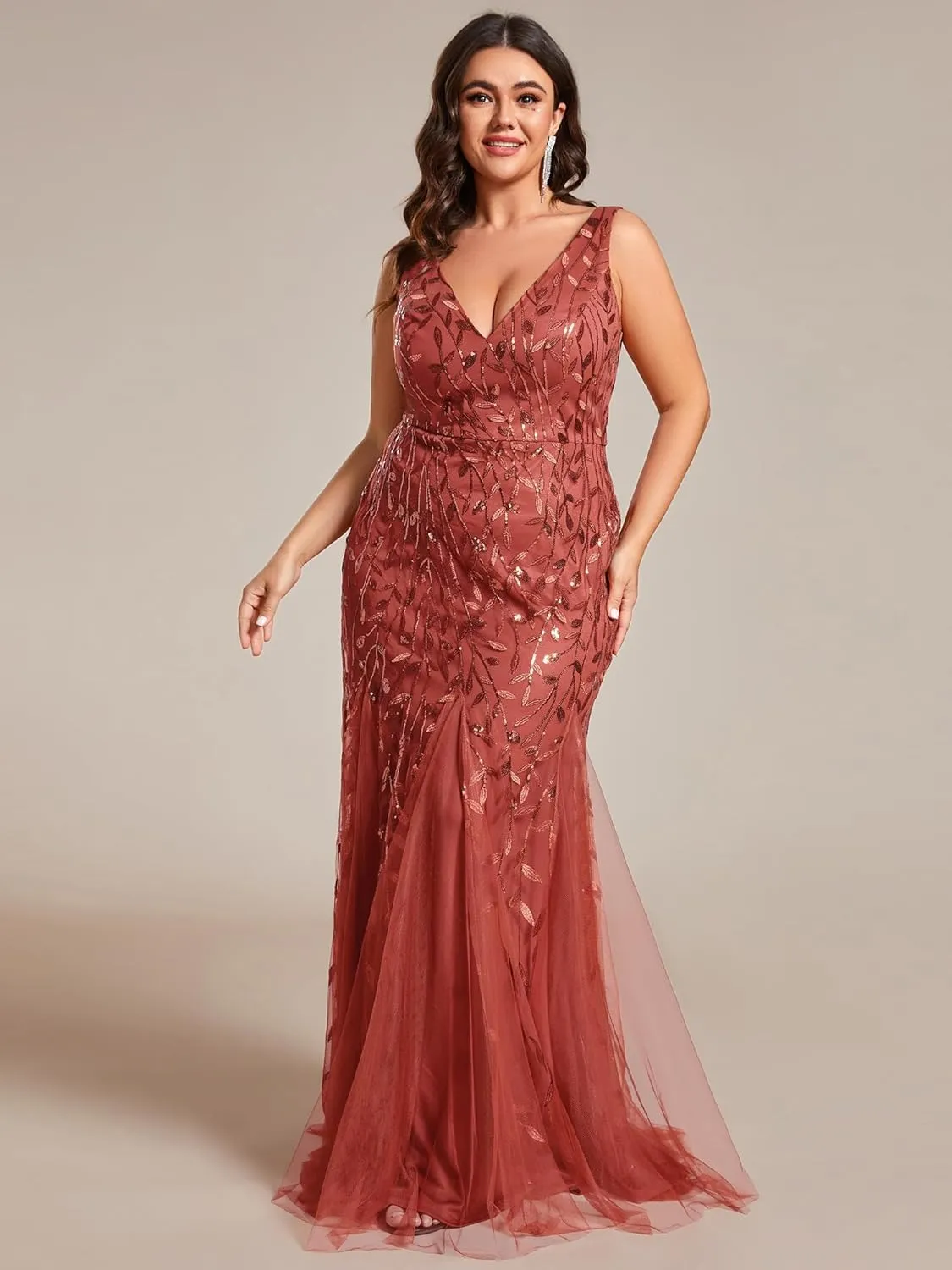 Ever-Pretty Women's Sequin V Neck Sleeveless Bodycon Mermaid Plus Size Formal Evening Gowns Prom Dresses 07886-PZUSA