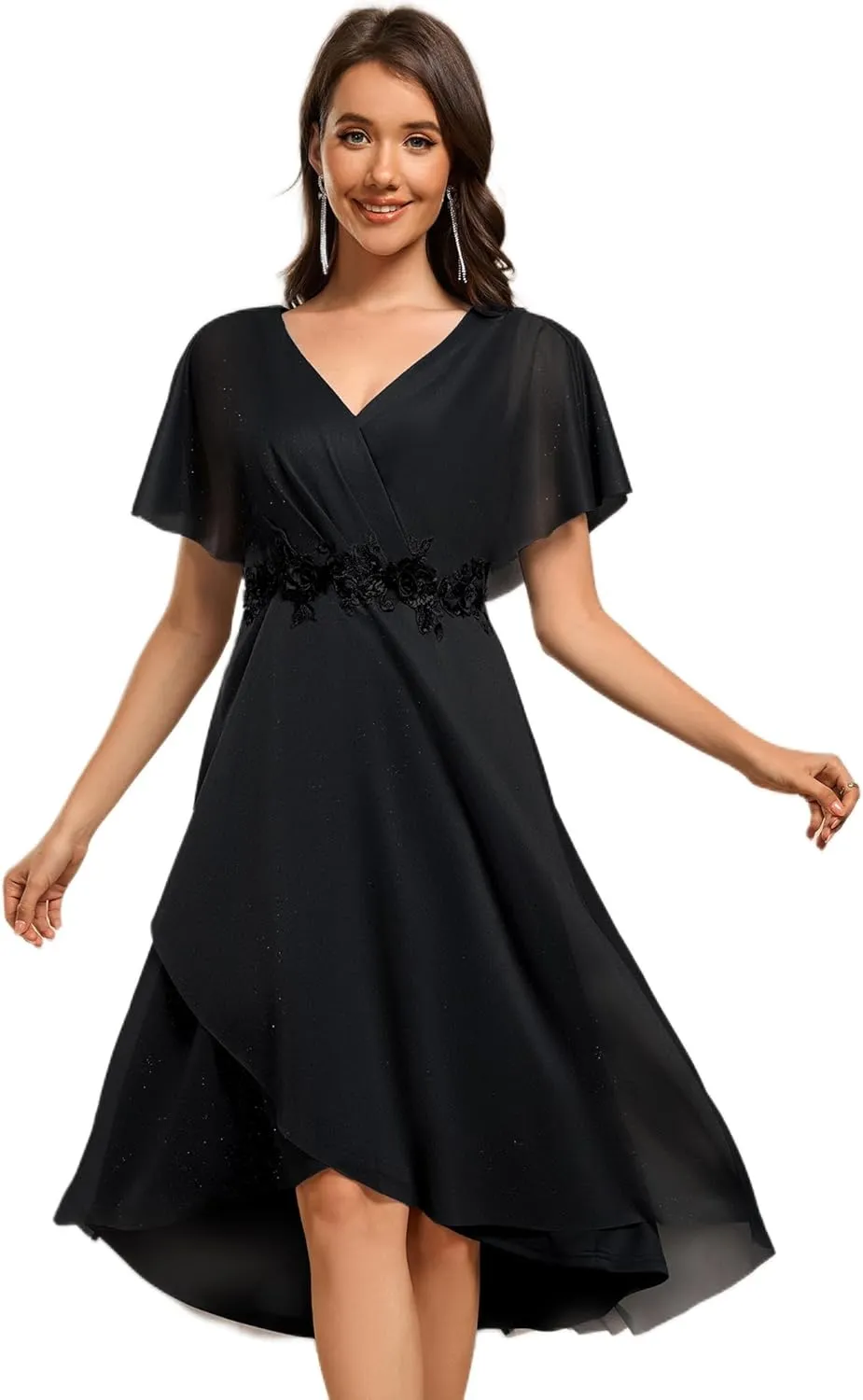 Ever-Pretty Women's V Neck Short Sleeve Appliques Glitter Hi-Lo Midi Semi Formal Dress 51159