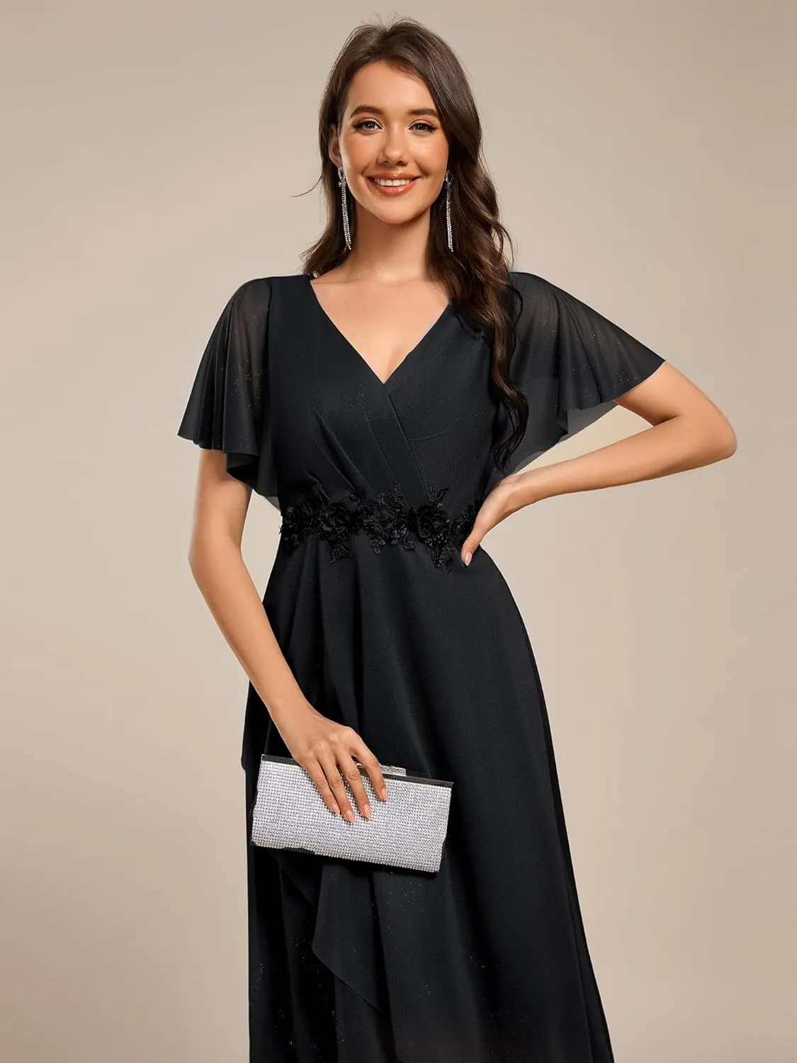 Ever-Pretty Women's V Neck Short Sleeve Appliques Glitter Hi-Lo Midi Semi Formal Dress 51159