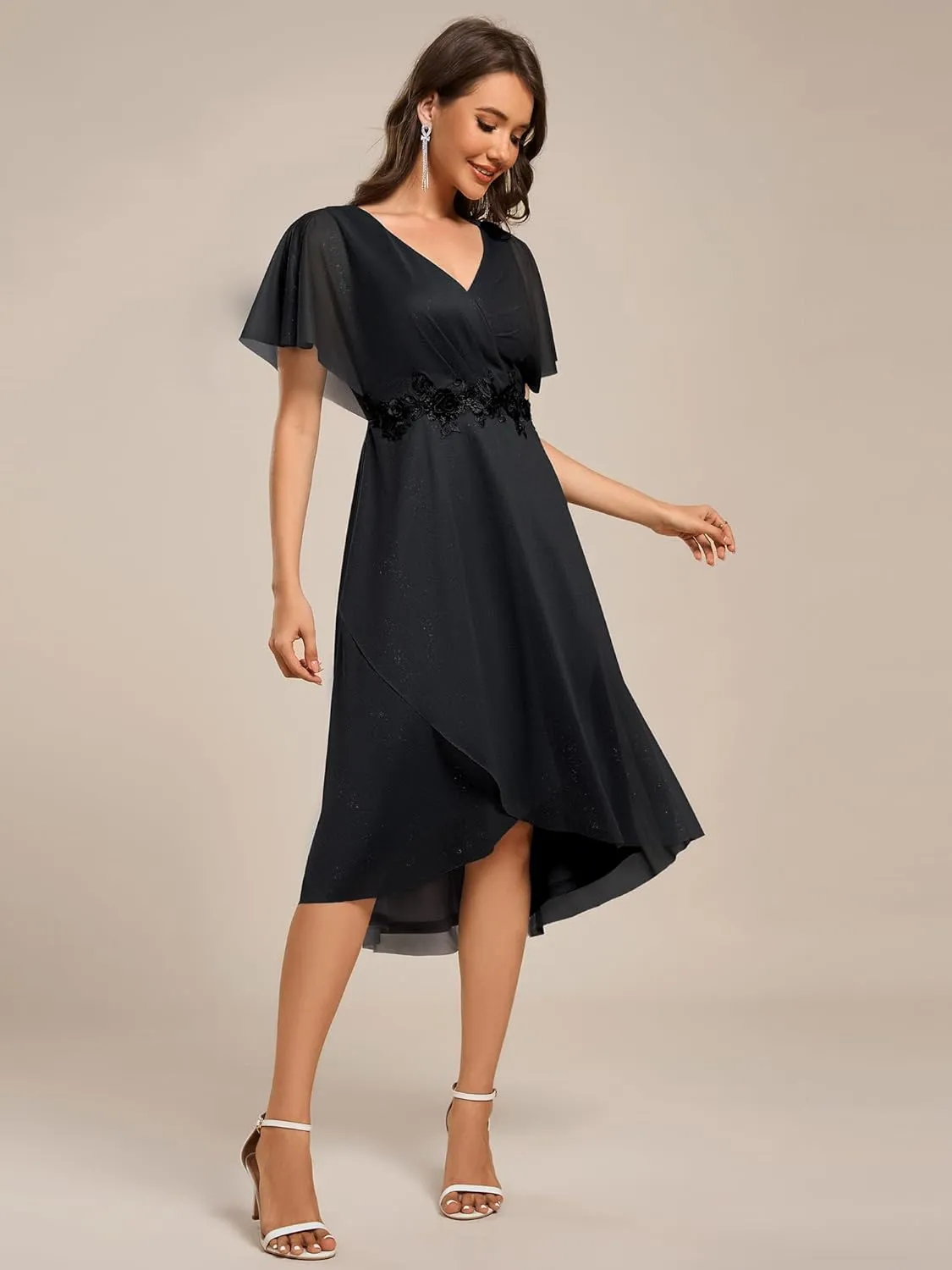 Ever-Pretty Women's V Neck Short Sleeve Appliques Glitter Hi-Lo Midi Semi Formal Dress 51159