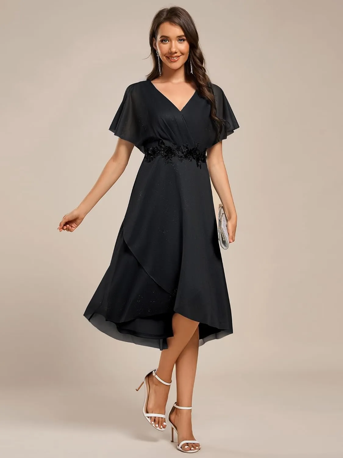 Ever-Pretty Women's V Neck Short Sleeve Appliques Glitter Hi-Lo Midi Semi Formal Dress 51159
