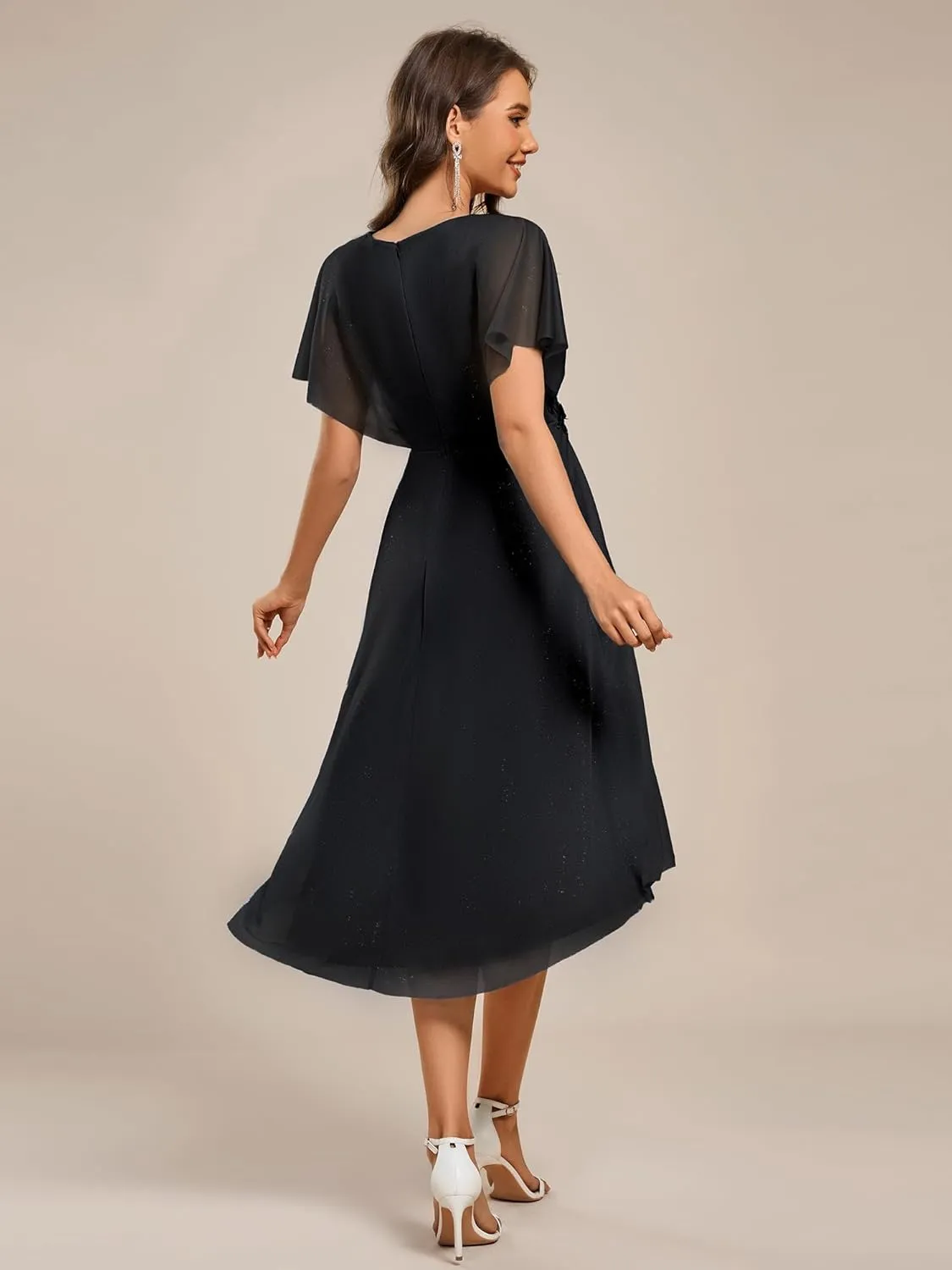 Ever-Pretty Women's V Neck Short Sleeve Appliques Glitter Hi-Lo Midi Semi Formal Dress 51159