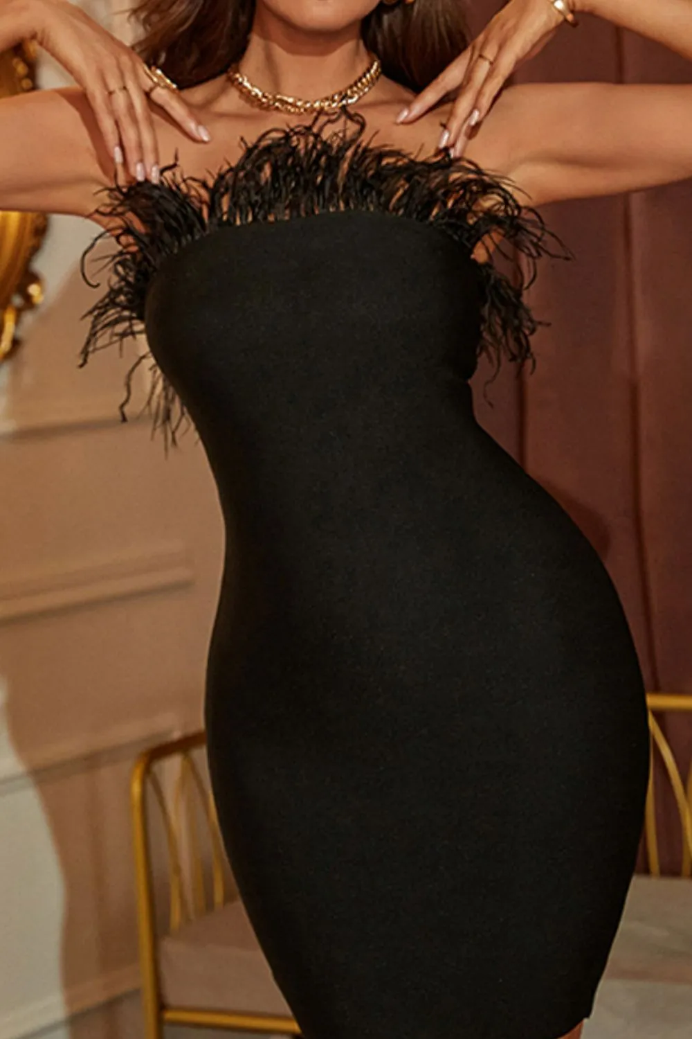 Feather Detail Strapless Mini Bodycon Dress