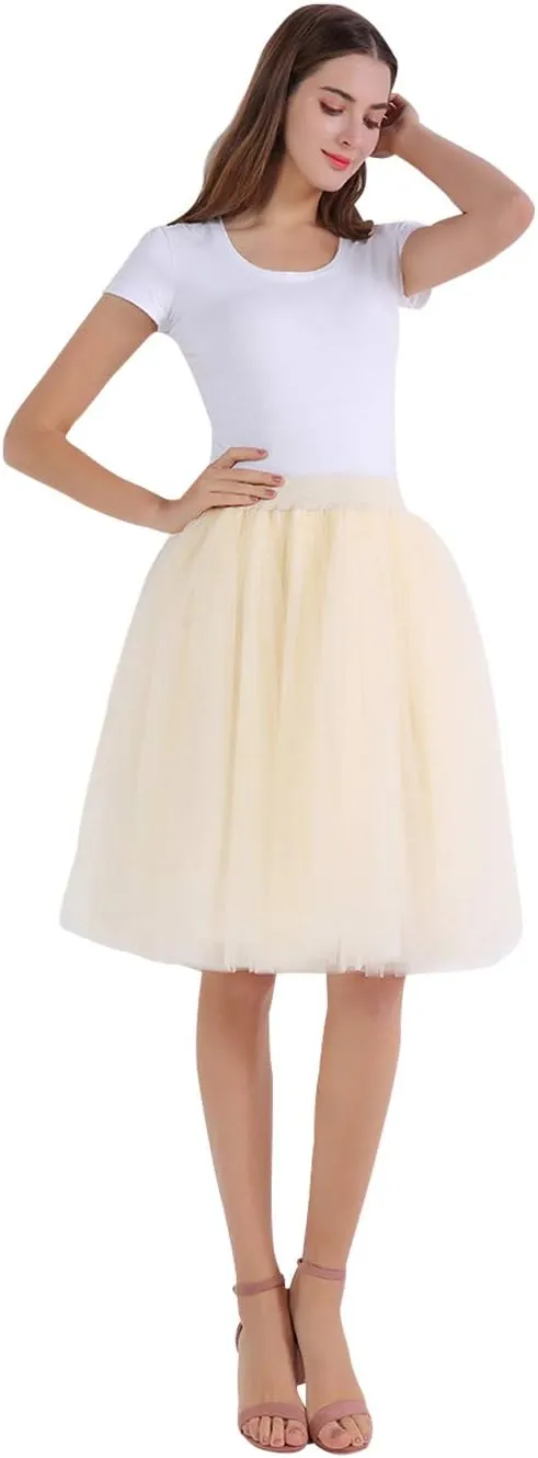 FEOYA Women Tutu Skirts 5 Layered Knee Length Tulle Skirt A-line Pleated Princess Skirts Evening Gown Prom Wedding Skirt
