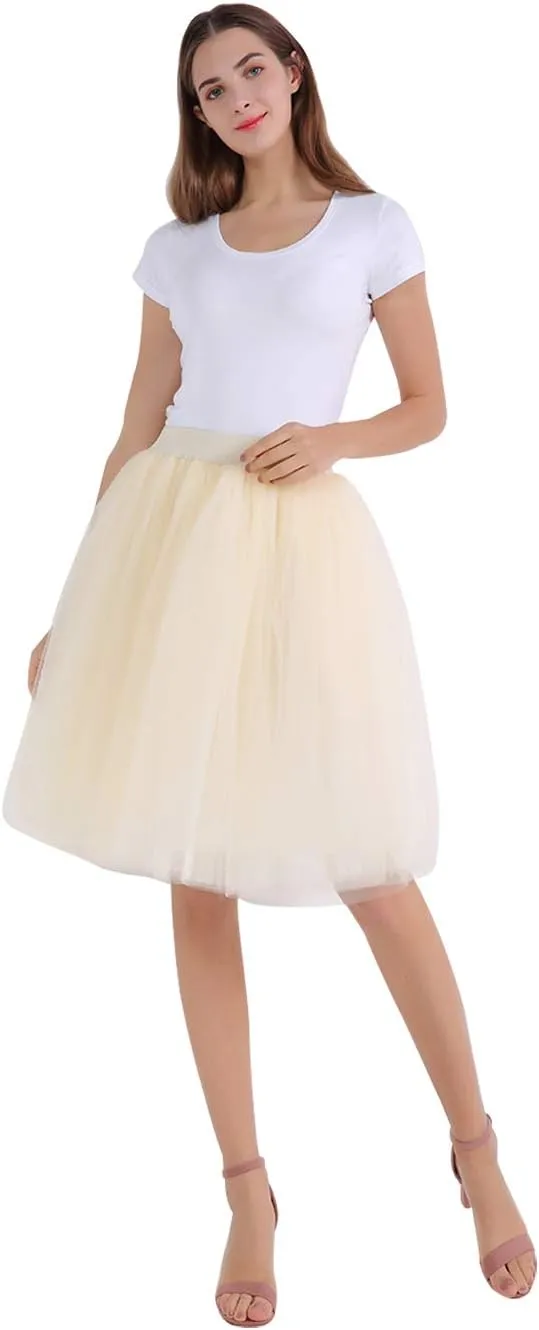 FEOYA Women Tutu Skirts 5 Layered Knee Length Tulle Skirt A-line Pleated Princess Skirts Evening Gown Prom Wedding Skirt
