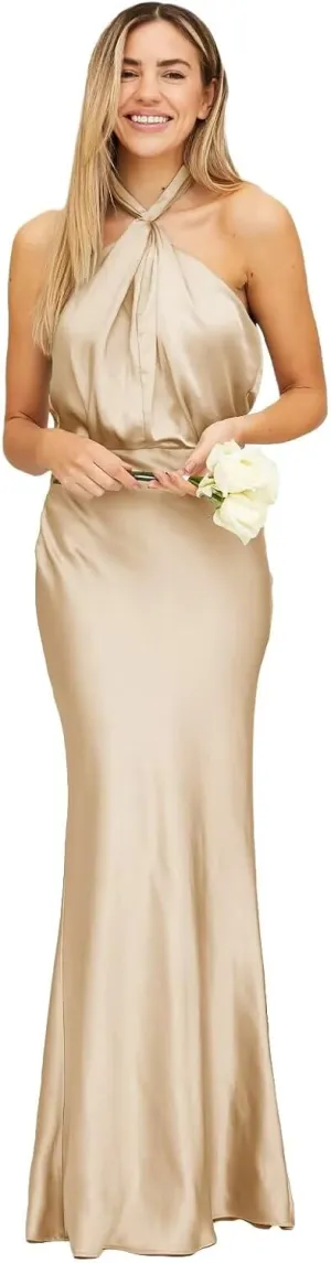 Fivsole Satin Halter Bridesmaid Dresses for Women Long Formal Evening Gowns