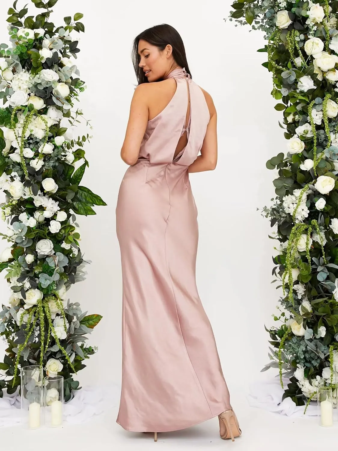 Fivsole Satin Halter Bridesmaid Dresses for Women Long Formal Evening Gowns